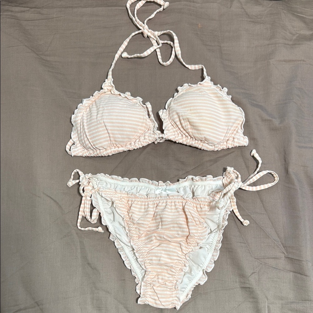 H&M Pink and White Bikini Set with Triangle Top and String Bottom